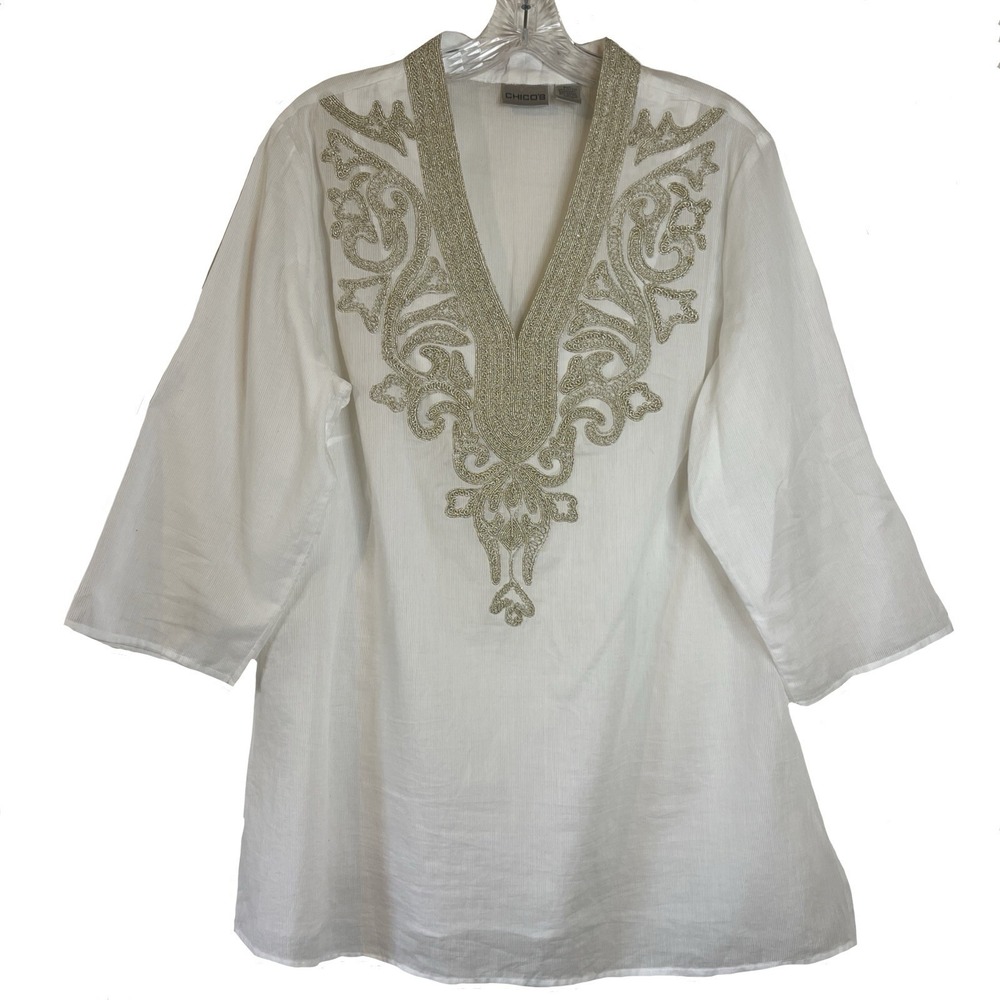 Chicos White Tunic Blouse Embroidery Gold Design Sz 2 (Large)